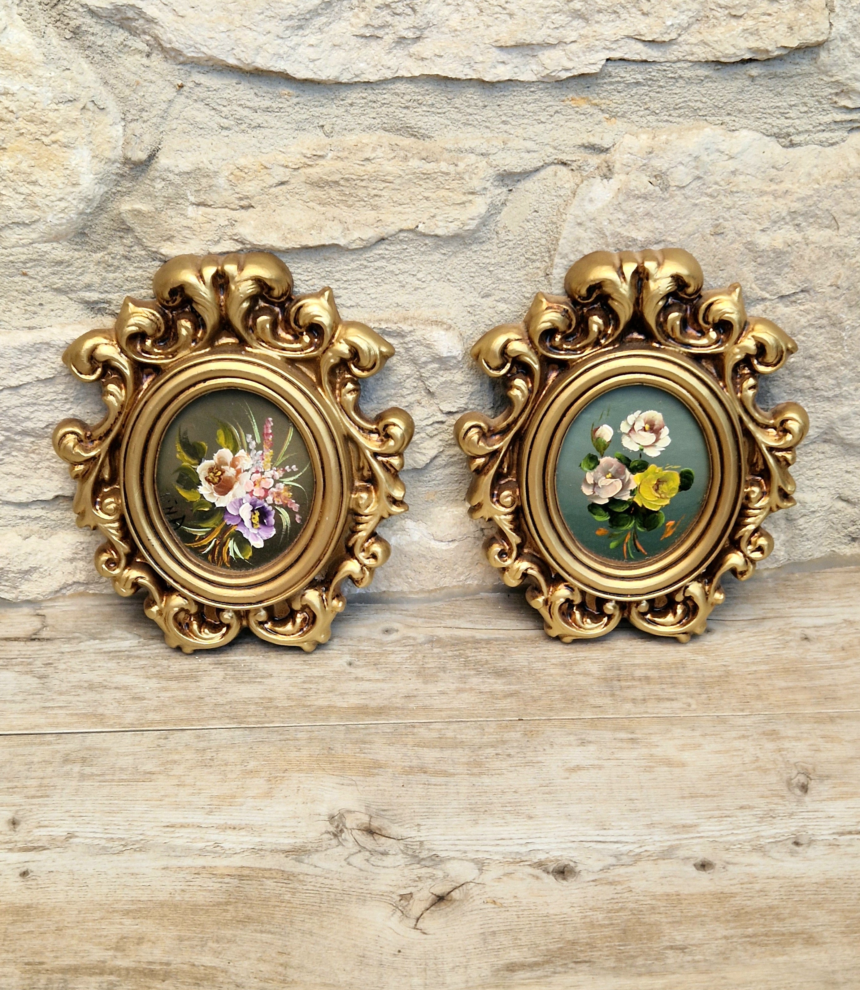 Vintage Pair Signed Floral Miniature Oil Paintings Ornate Gold Rococo Florentine Style Wall Plaques