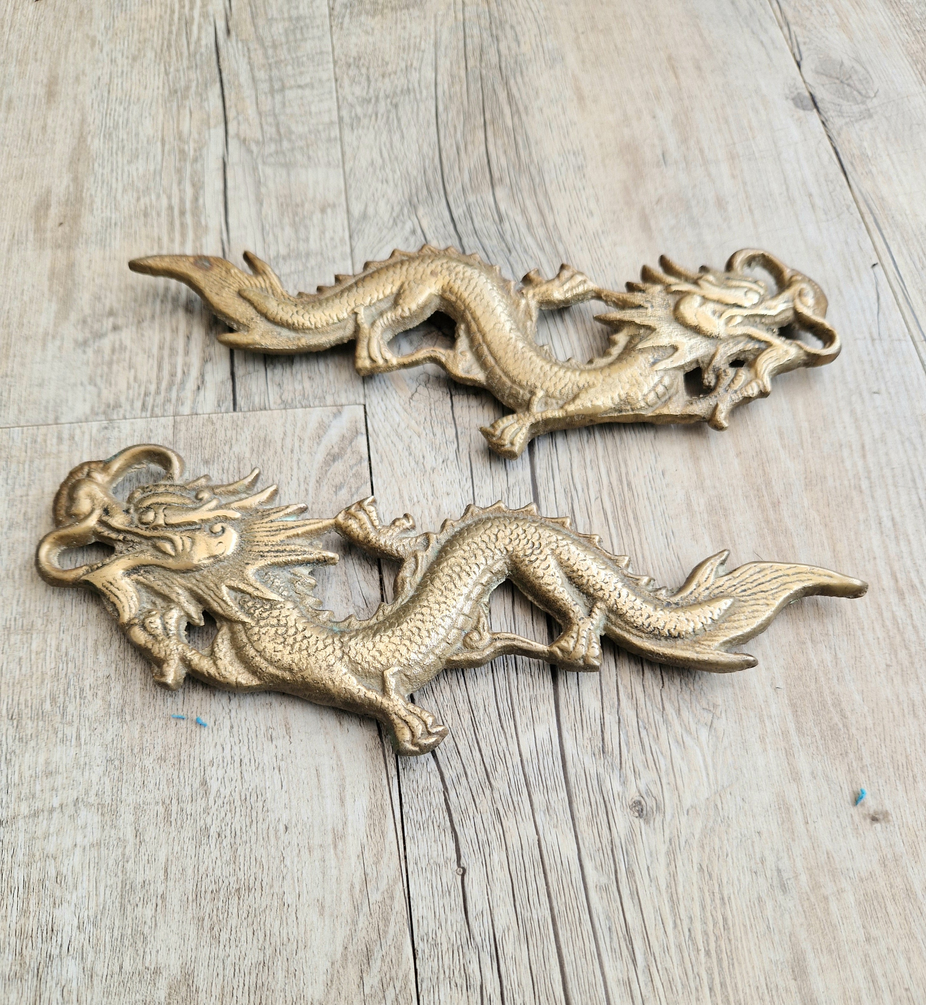 Pair Of Antique Heavy Cast Brass Chinese Dragons Wall Decoration or Door Pulls 22cm