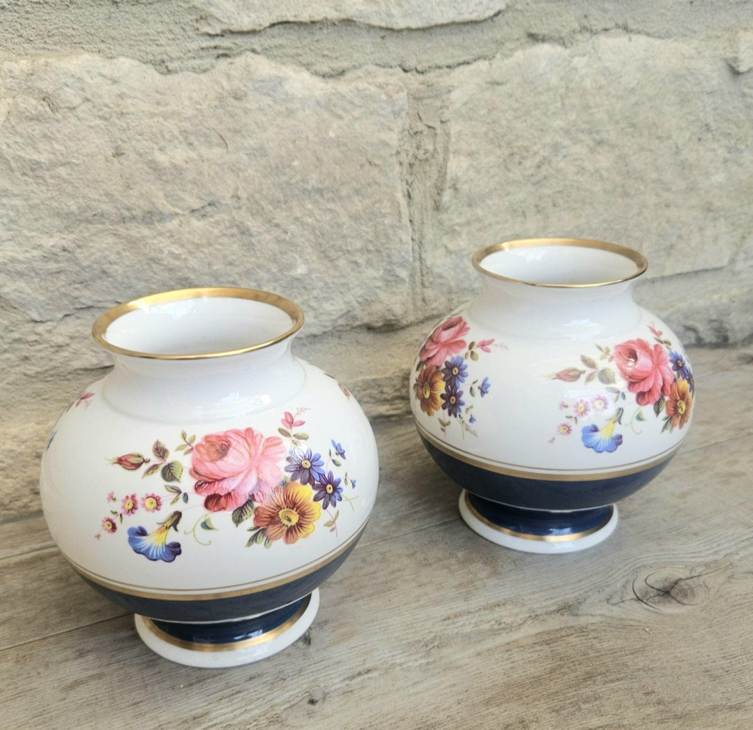 English Pair Mantle Vases Hand Painted Bone China Floral Caverswall Stoke on Trent England 11cm
