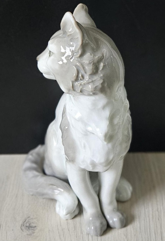 Vintage Cat Ornament Grey White Glazed Porcelain Sitting Cat Pointy Ears 8" Tall