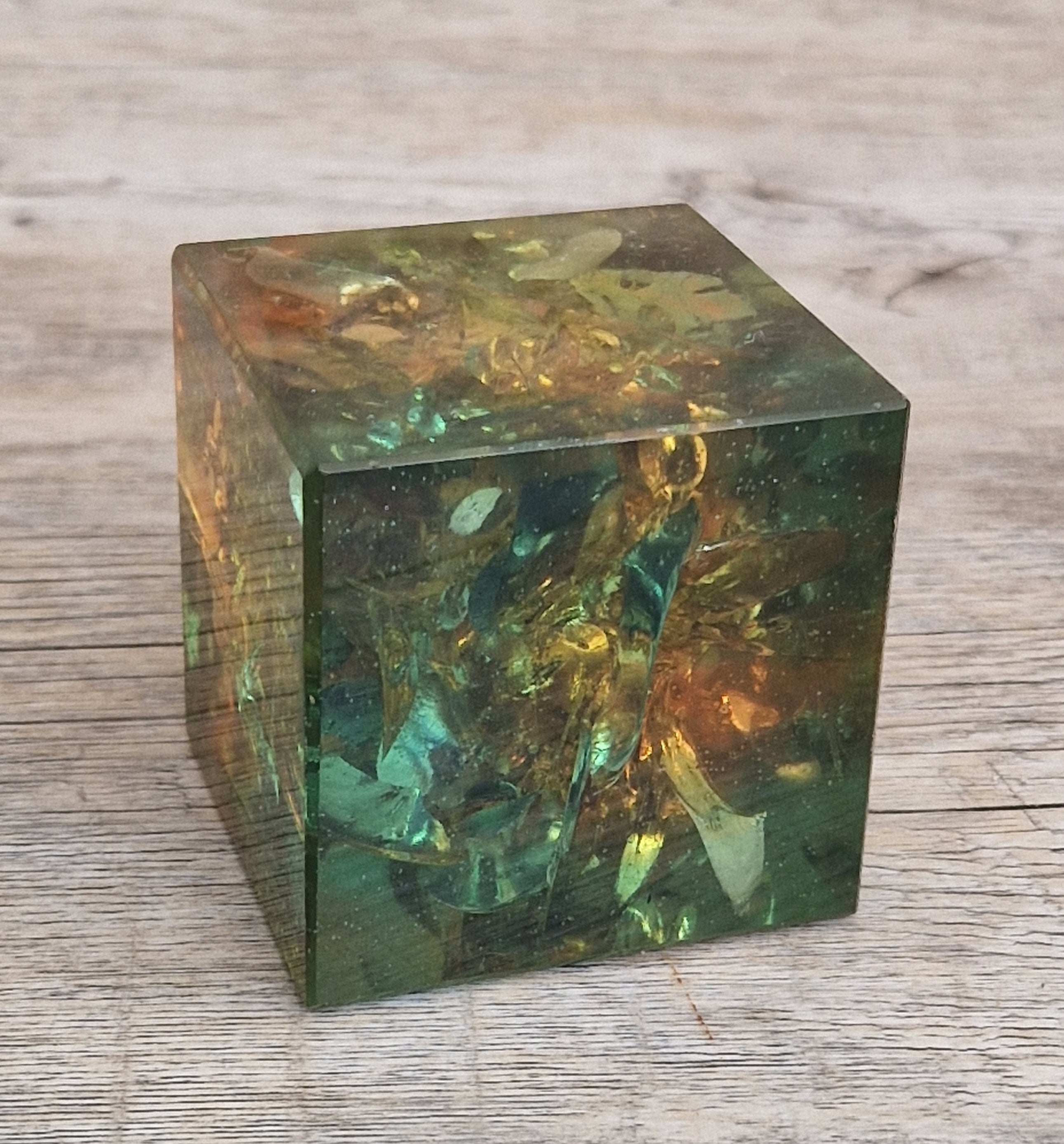 Vintage 1960s Shattaline Resin Cube Paperweight Amber Green Fractured Ice Mid Century Desk Ornament