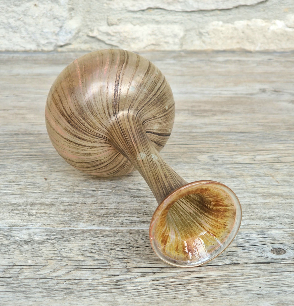 Vintage Peloton Style Art Glass Vase, Marvered Textured Swirl Decoration, Iridescent Handblown Studio Glass Collectible