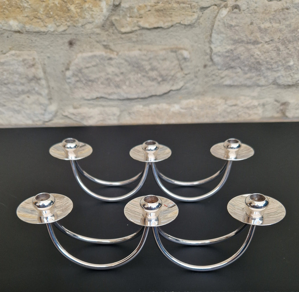 1960's Berg 'Selandia' Danish 3 Branch Minimalist Candelabra Candle Holders x 2