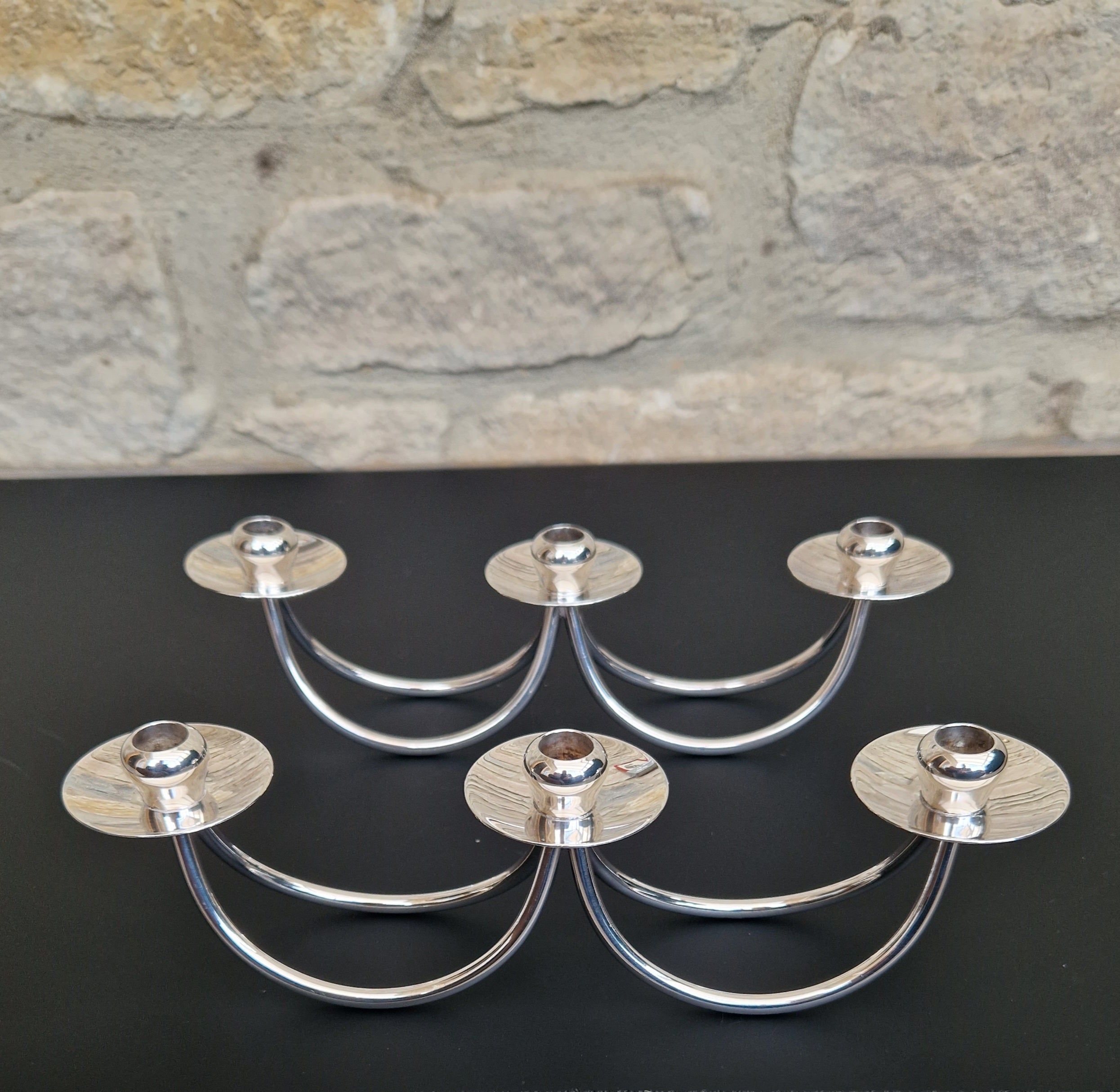 1960's Berg 'Selandia' Danish 3 Branch Minimalist Candelabra Candle Holders x 2