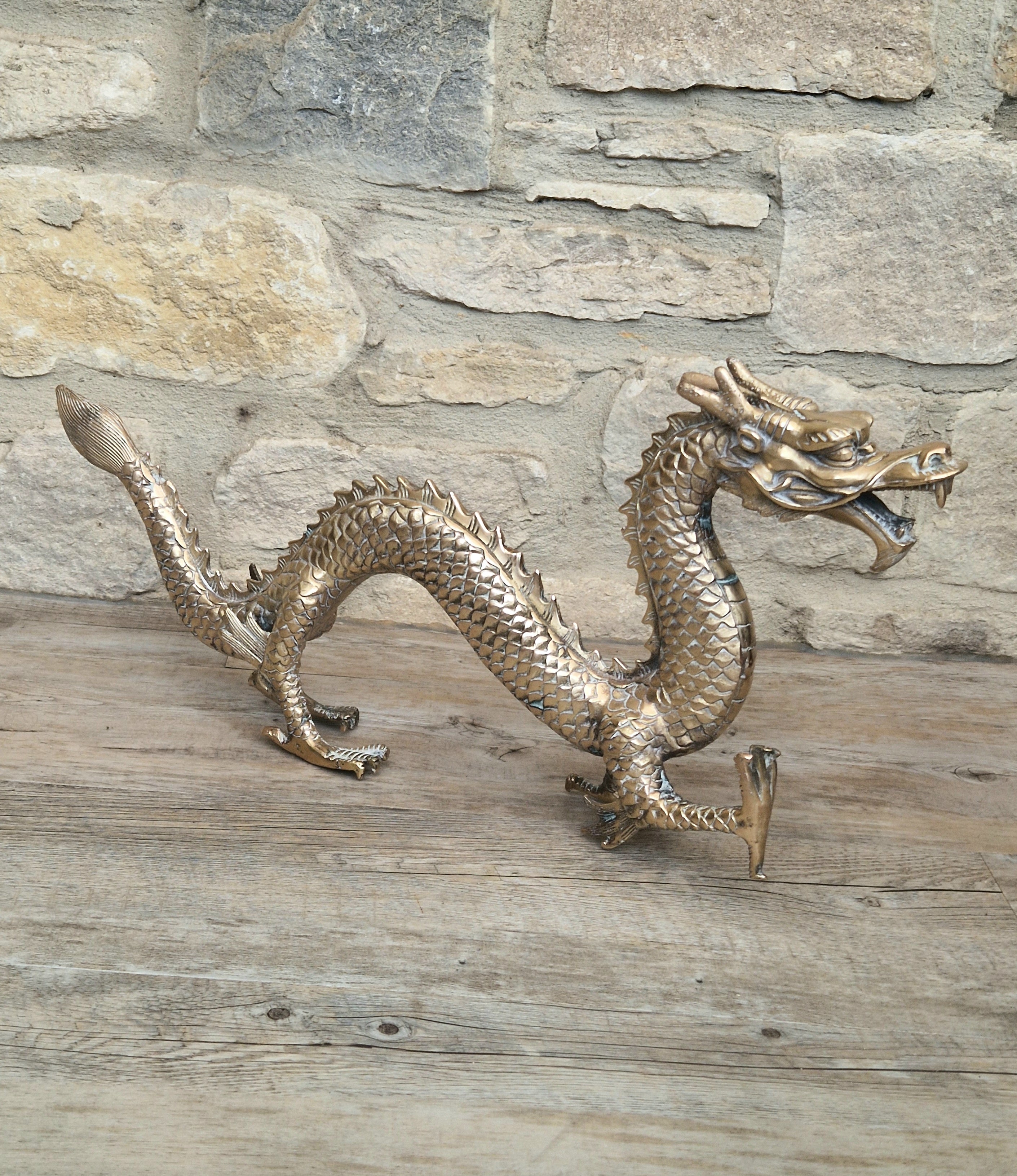 Mid Century High Quality Large Sand-Cast Brass Heavy Chinese Mythical Dragon Figure 51cm