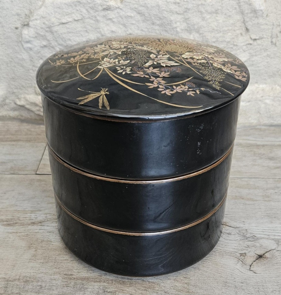 Japanese 3 Tiered Porcelain Lidded Box Butterfly Flowers Shibata Toki Vintage