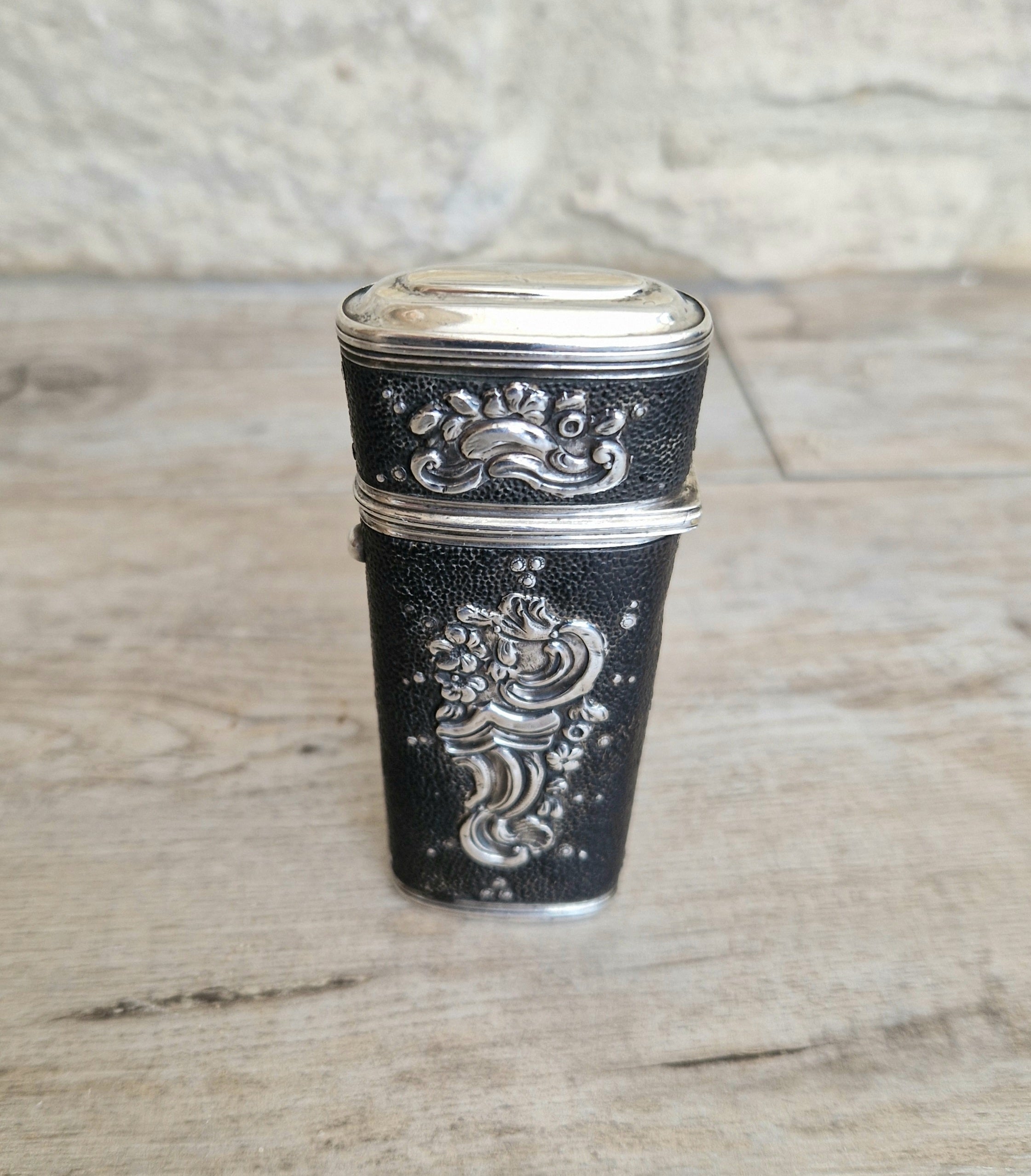 18th Century Etui French Black Shagreen & Silver Necessaire Case Rare Early Example