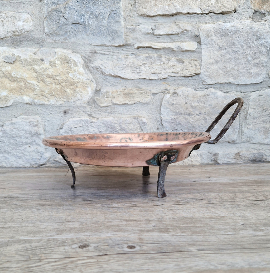 18th - 19th Century Copper & Iron Handle French Tripod Footed Tart Pan Rare Antique Kitchenalia