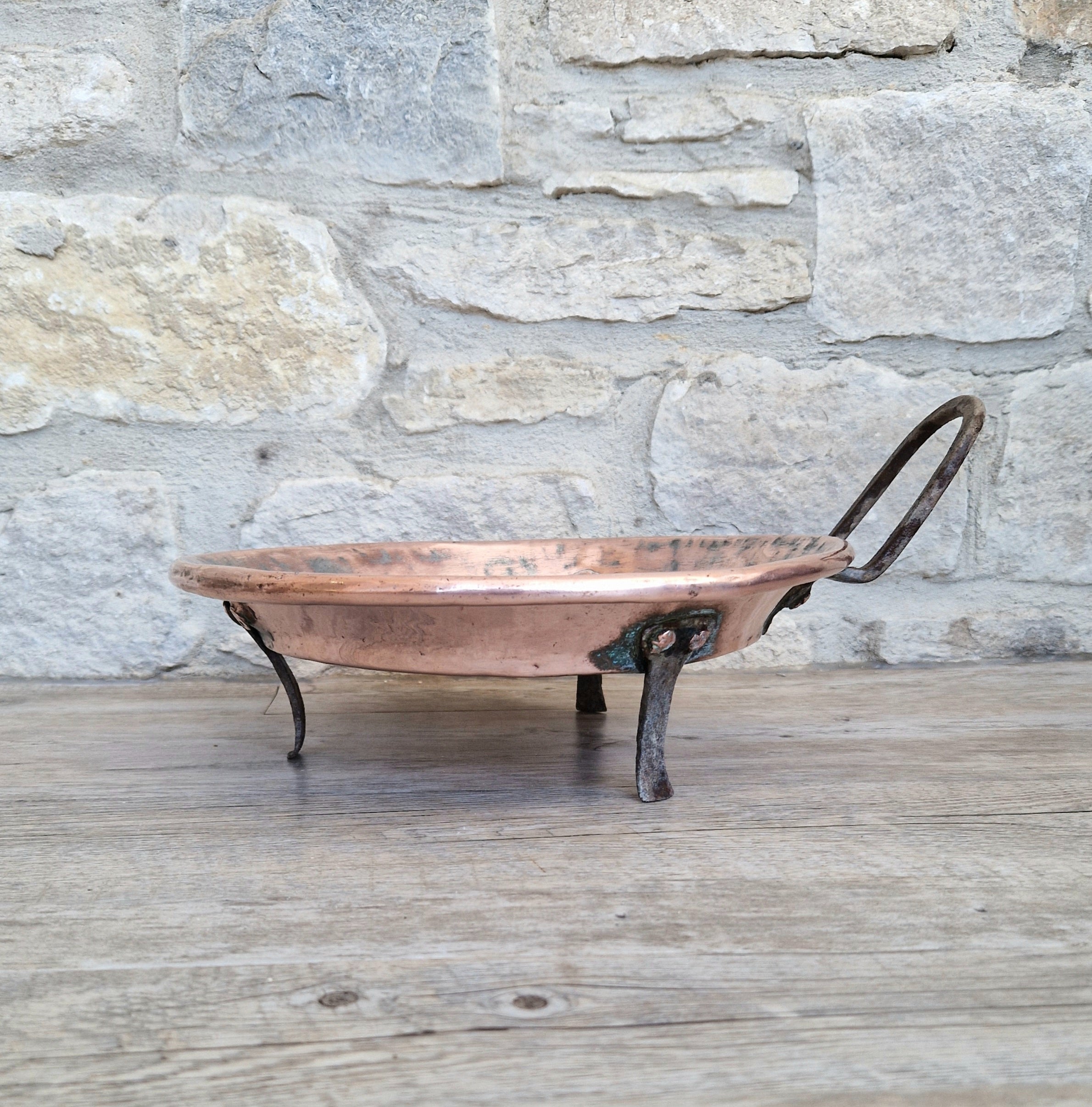 18th - 19th Century Copper & Iron Handle French Tripod Footed Tart Pan Rare Antique Kitchenalia