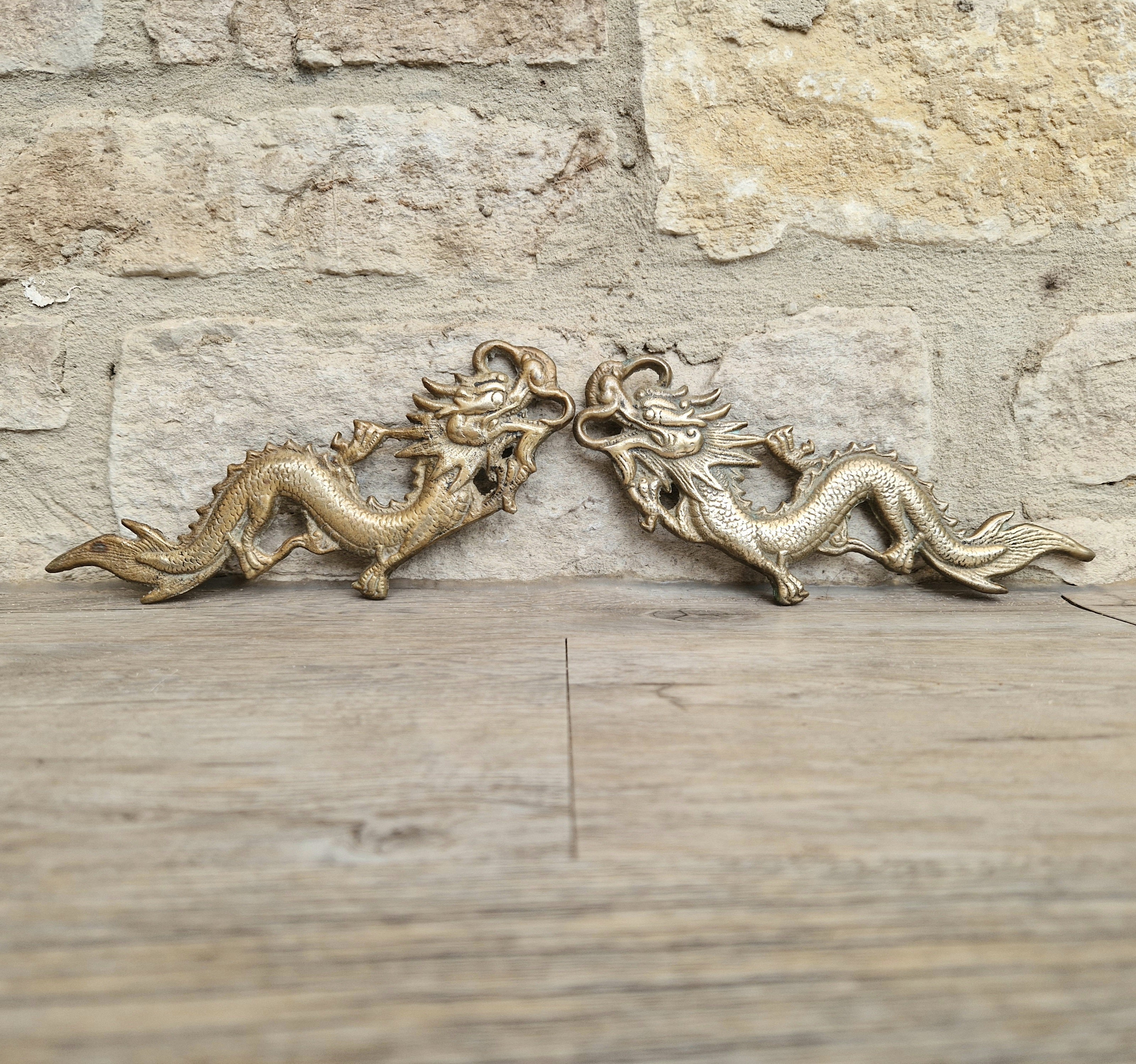 Pair Of Antique Heavy Cast Brass Chinese Dragons Wall Decoration or Door Pulls 22cm