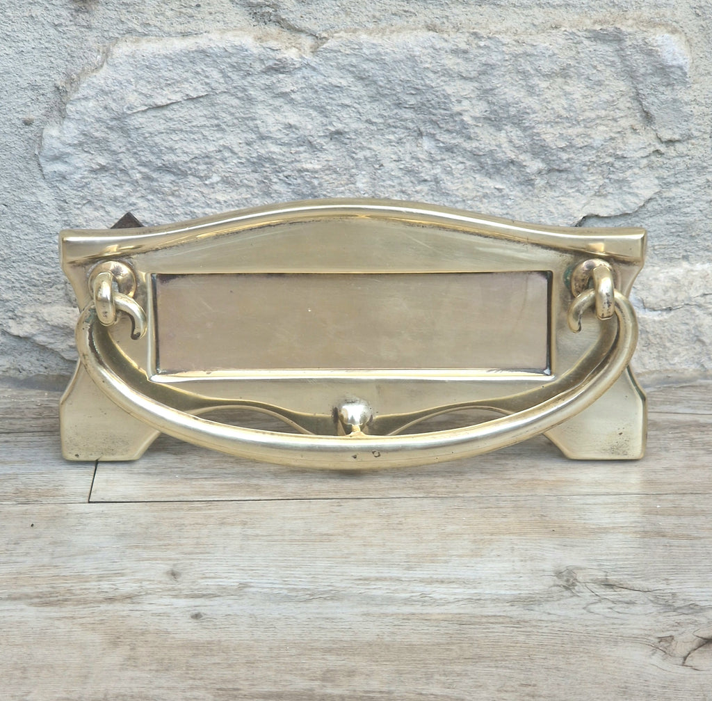 Art Deco Antique Brass Letterbox Plate Door Knocker Original Bolts 18cm