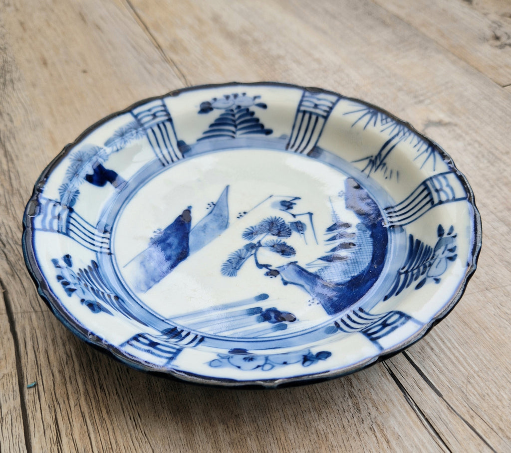 Japanese Ceramic Namasu-Zara Dish Blue & White Arita Edo 'Scholar's Retreat' Kraak Style Rare Antique