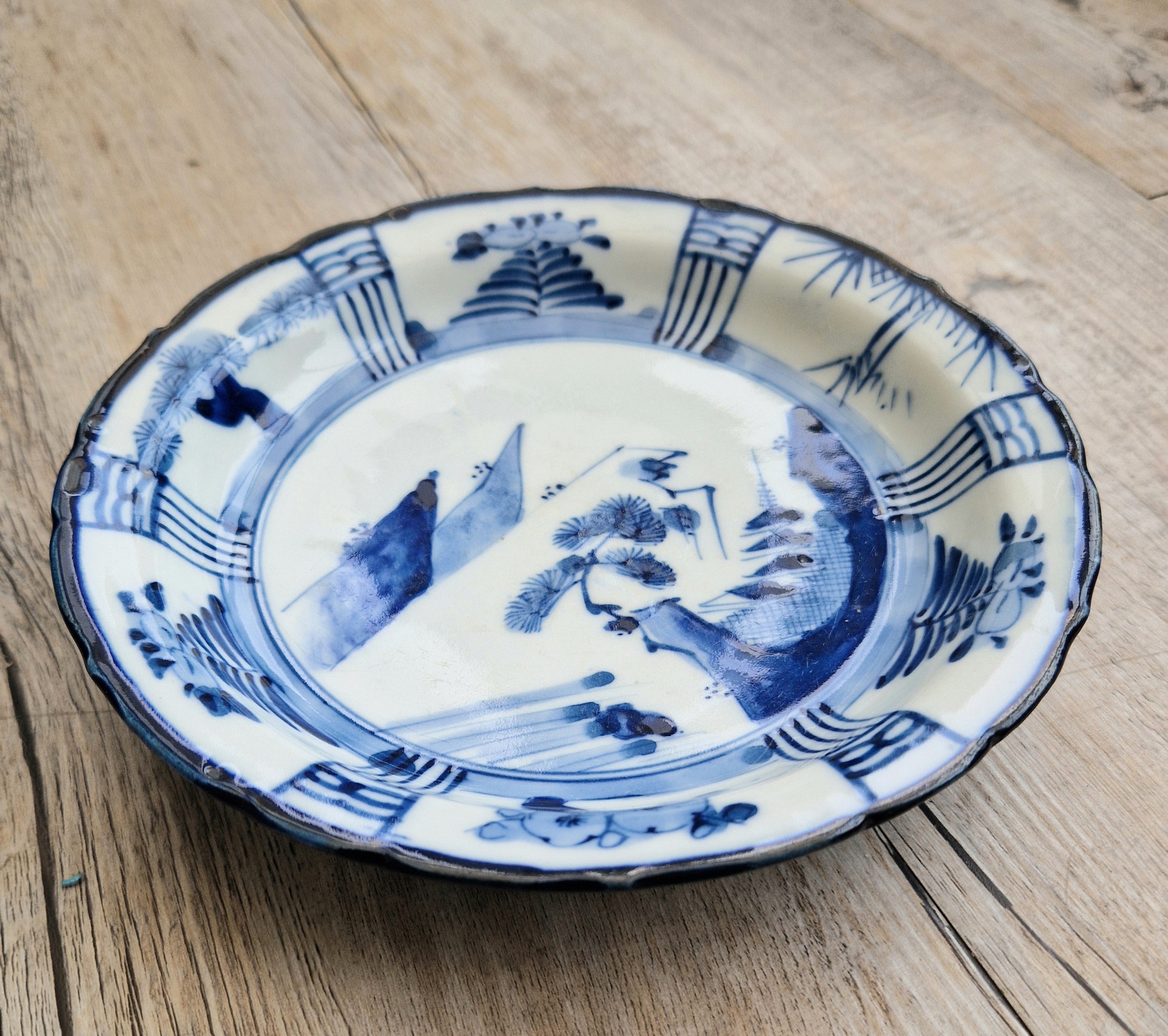 Japanese Ceramic Namasu-Zara Dish Blue & White Arita Edo 'Scholar's Retreat' Kraak Style Rare Antique