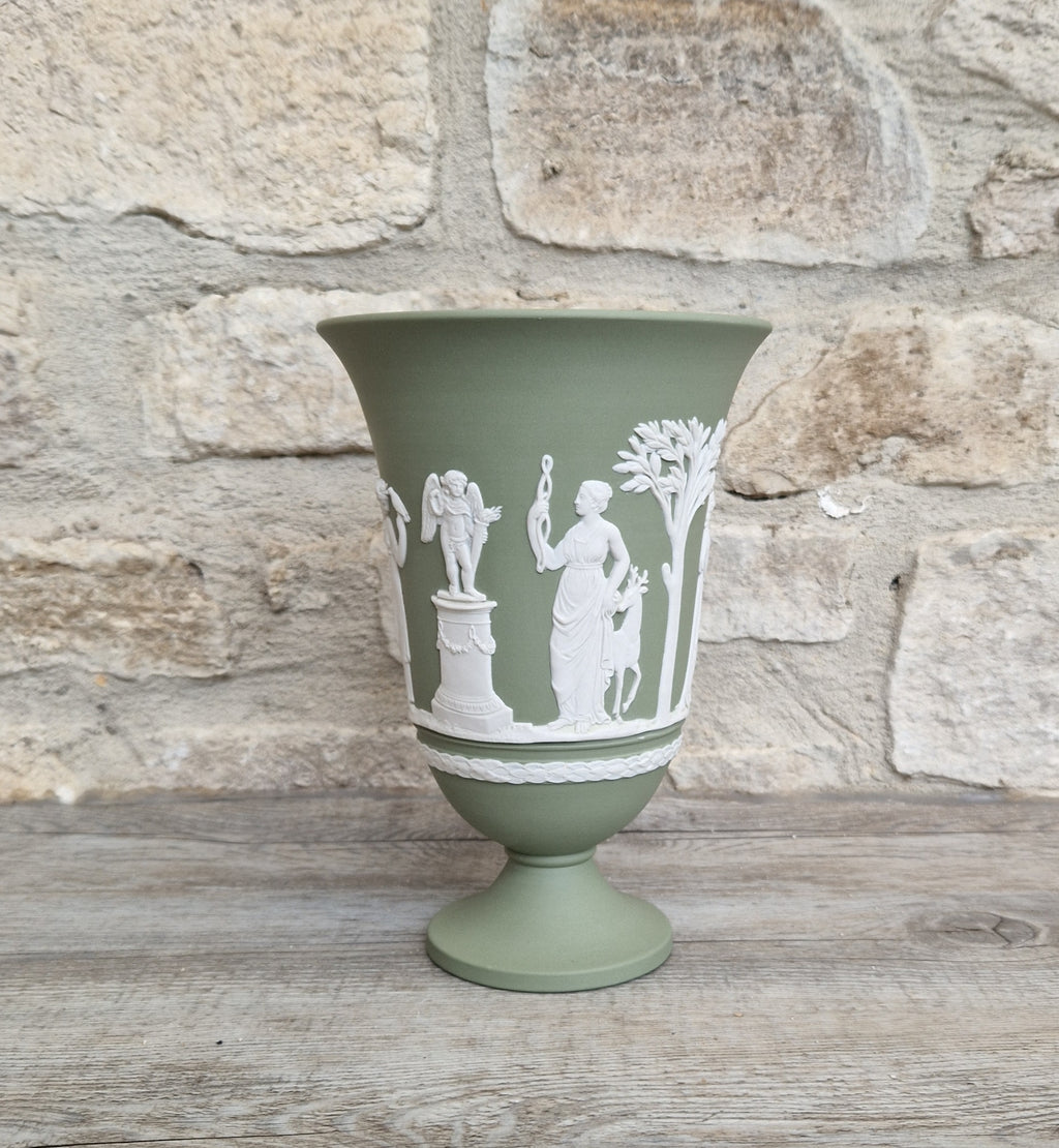 Wedgwood Sage Green Jasperware Arcadian Pedestal Trumpet Mantle Vase - Vintage.Made in England 17cm Tall