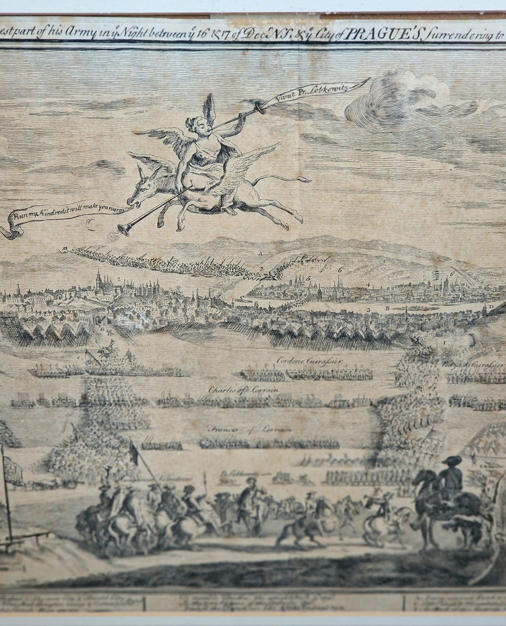 1742 Prague Siege Antique Copperplate Engraving John Bickham Military Battle Map Satire Print Framed