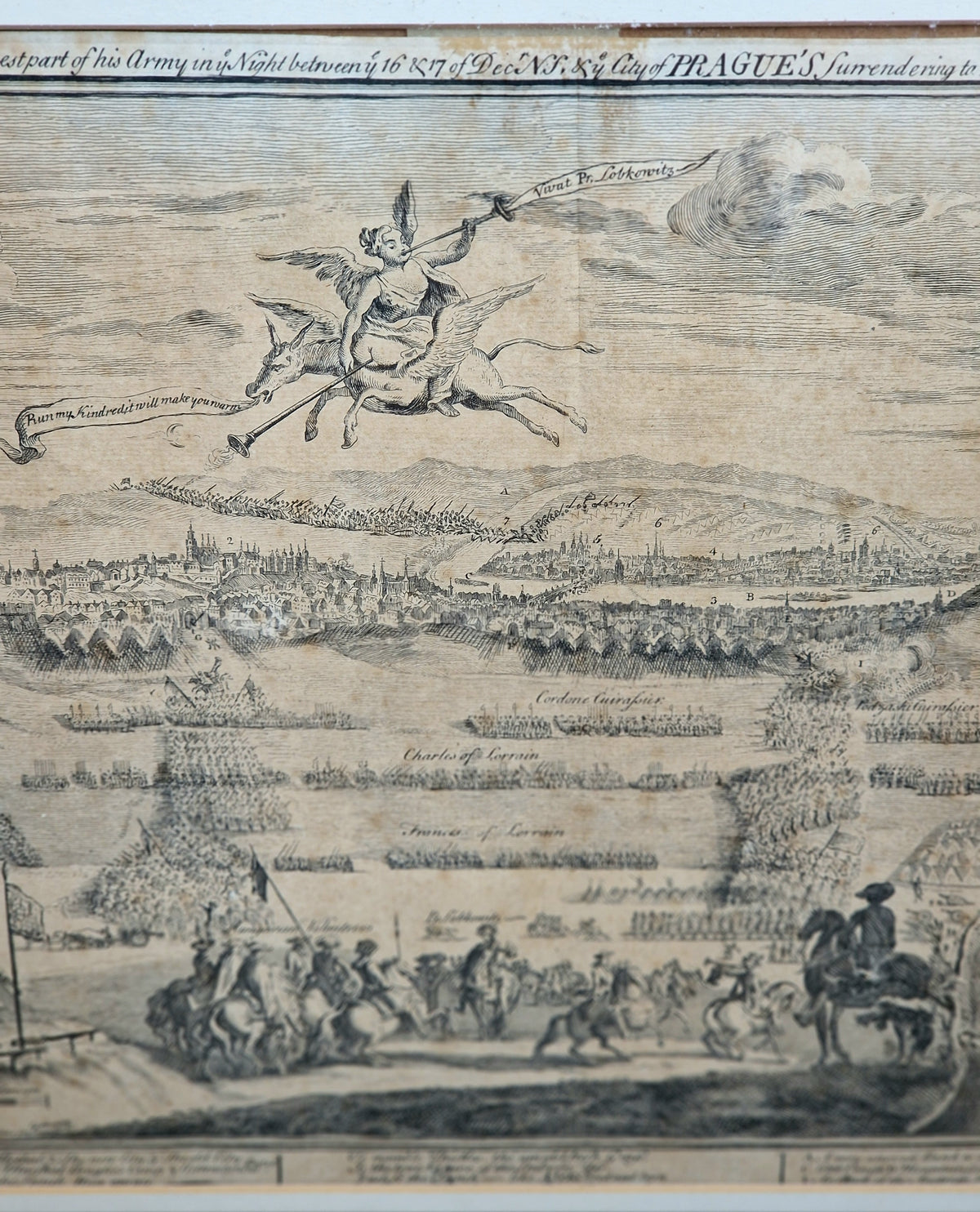 1742 Prague Siege Antique Copperplate Engraving John Bickham Military Battle Map Satire Print Framed