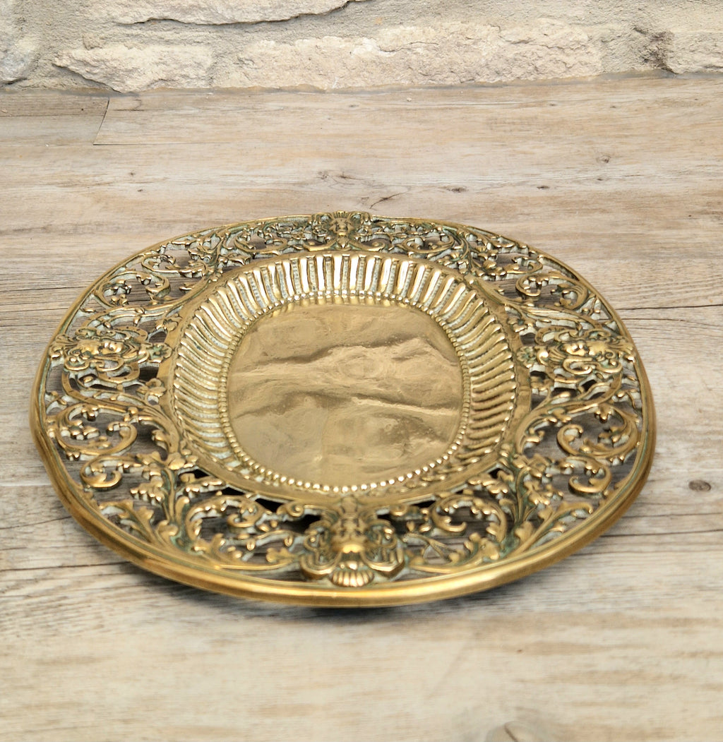 Antique 19thC Baroque Cast Brass Architectural Mount Appliqué Ornate Mascaron Filigree Vanity Card Tray Plate Hand-Tooled Pattern 1018