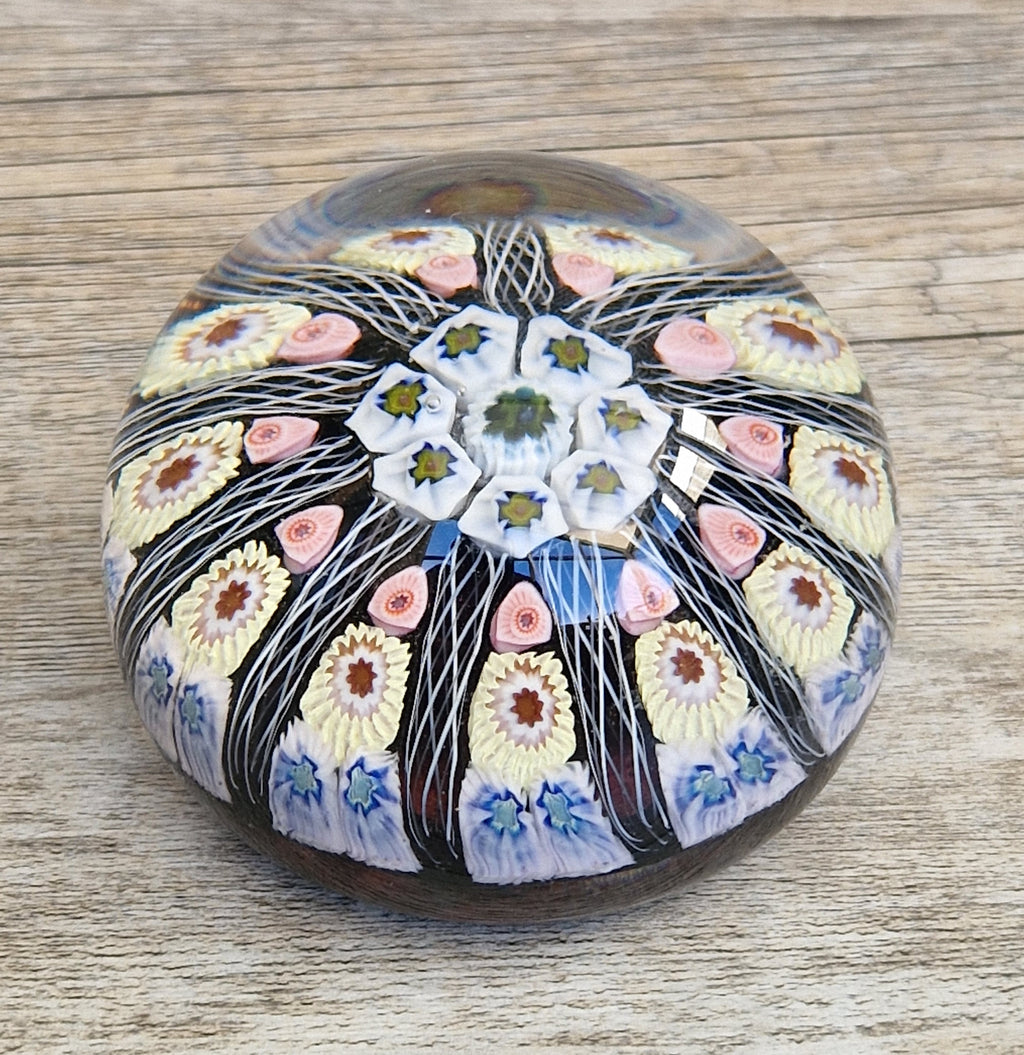 Strathearn Art Glass Paperweight 11 Spoke Millefiori with Filligree on Purple Ground Vintage