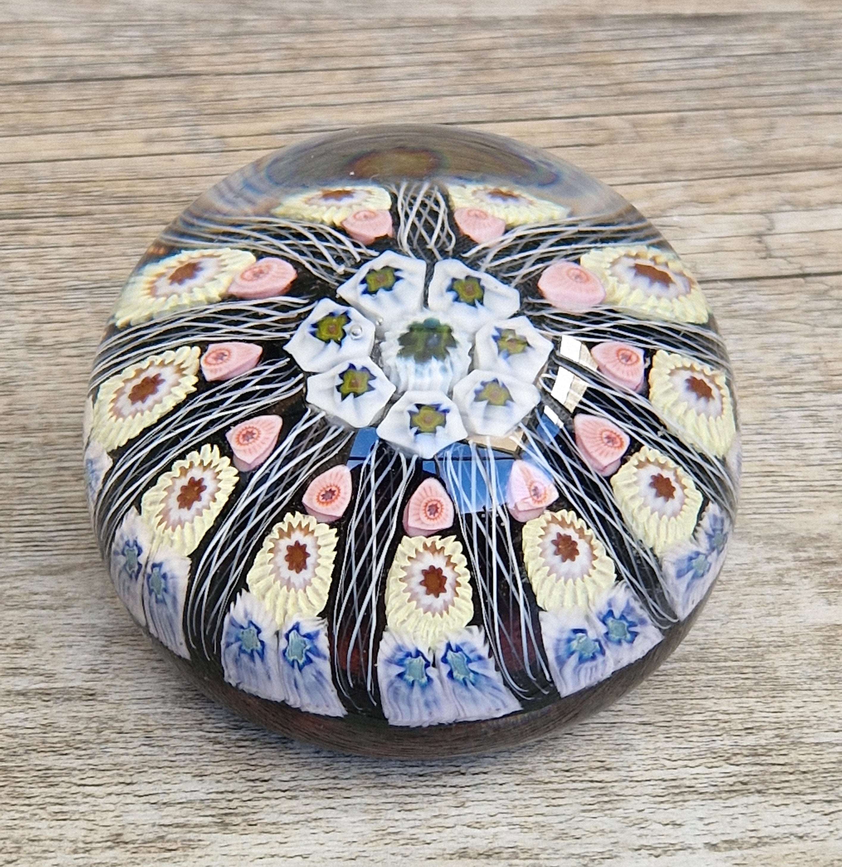 Strathearn Art Glass Paperweight 11 Spoke Millefiori with Filligree on Purple Ground Vintage