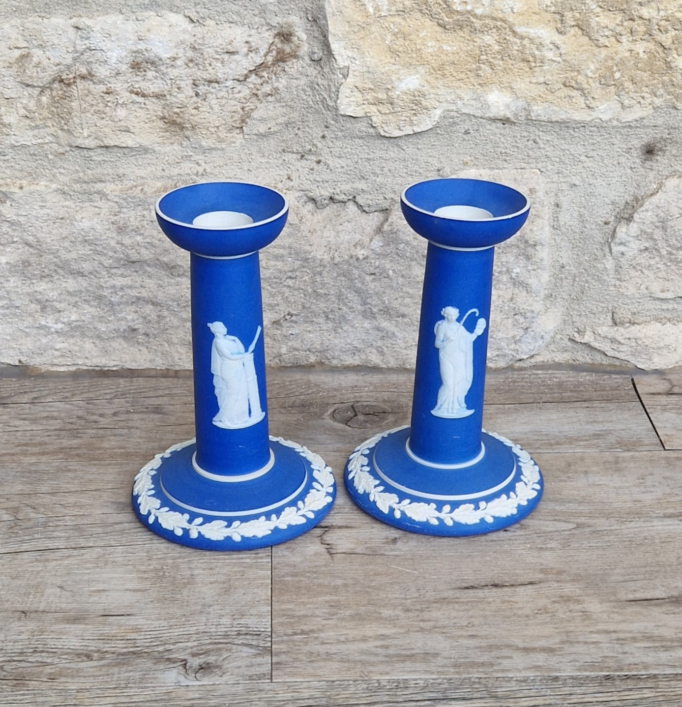 Vintage Wedgwood Jasperware Candlestick Pair: Dark Blue Taper Candle Holders