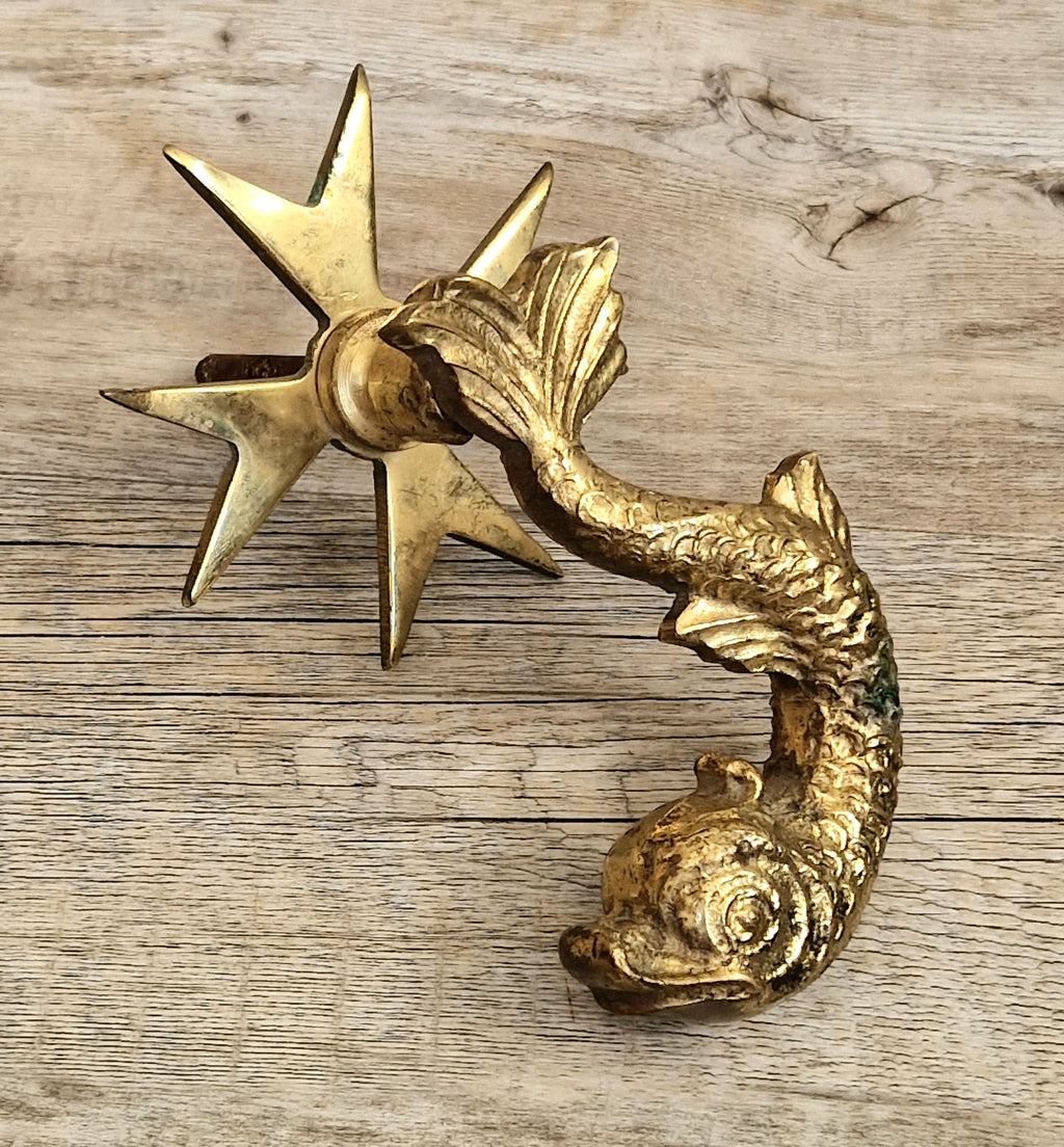 Vintage Heavy Cast Brass Maltese Cross & Dolphin Door Knocker 1950's