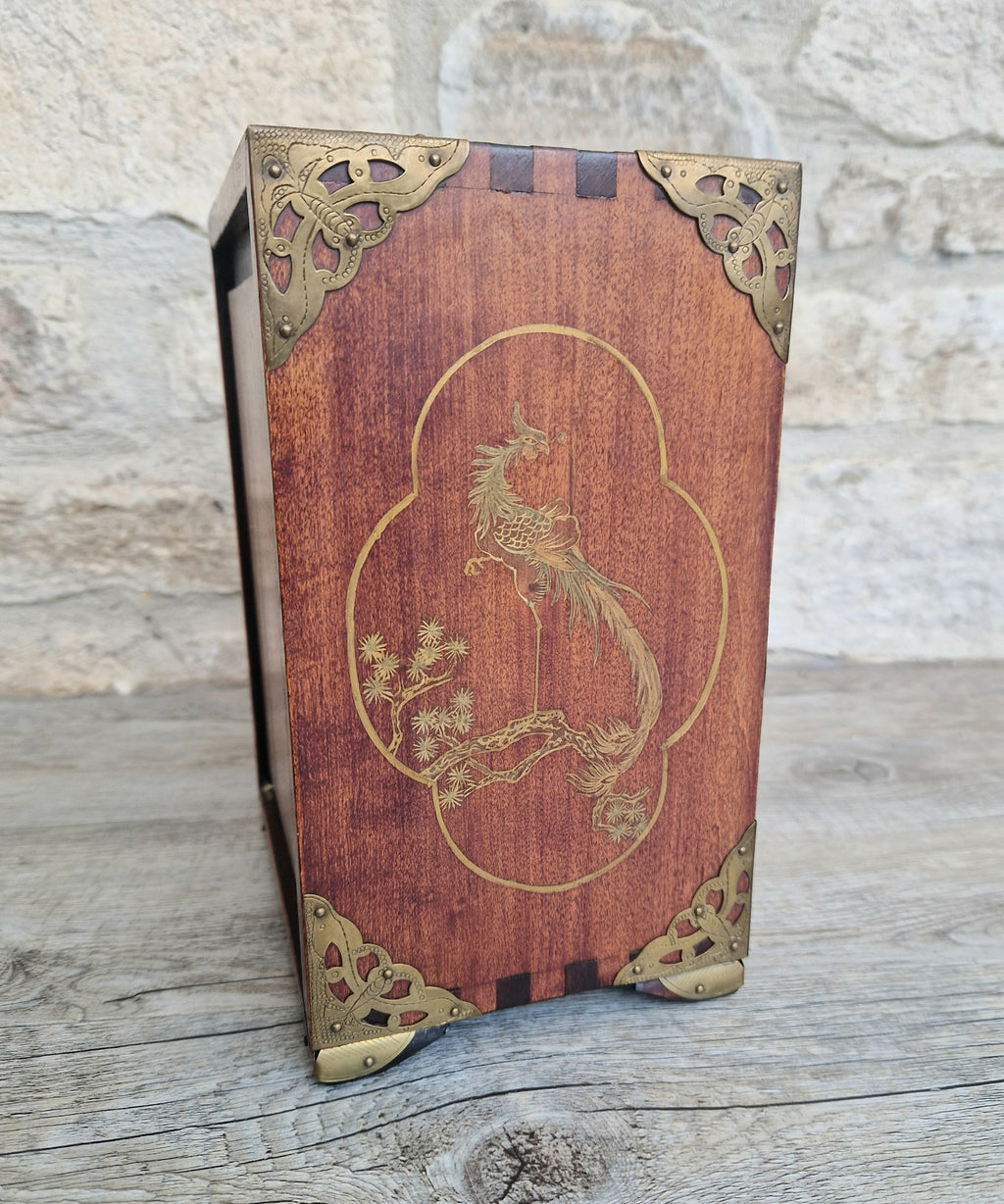 Vintage Hardwood Brass Bound Oriental Hand-Painted Chinoiserie Dragons Footed Jewellery Box Chest 1940s