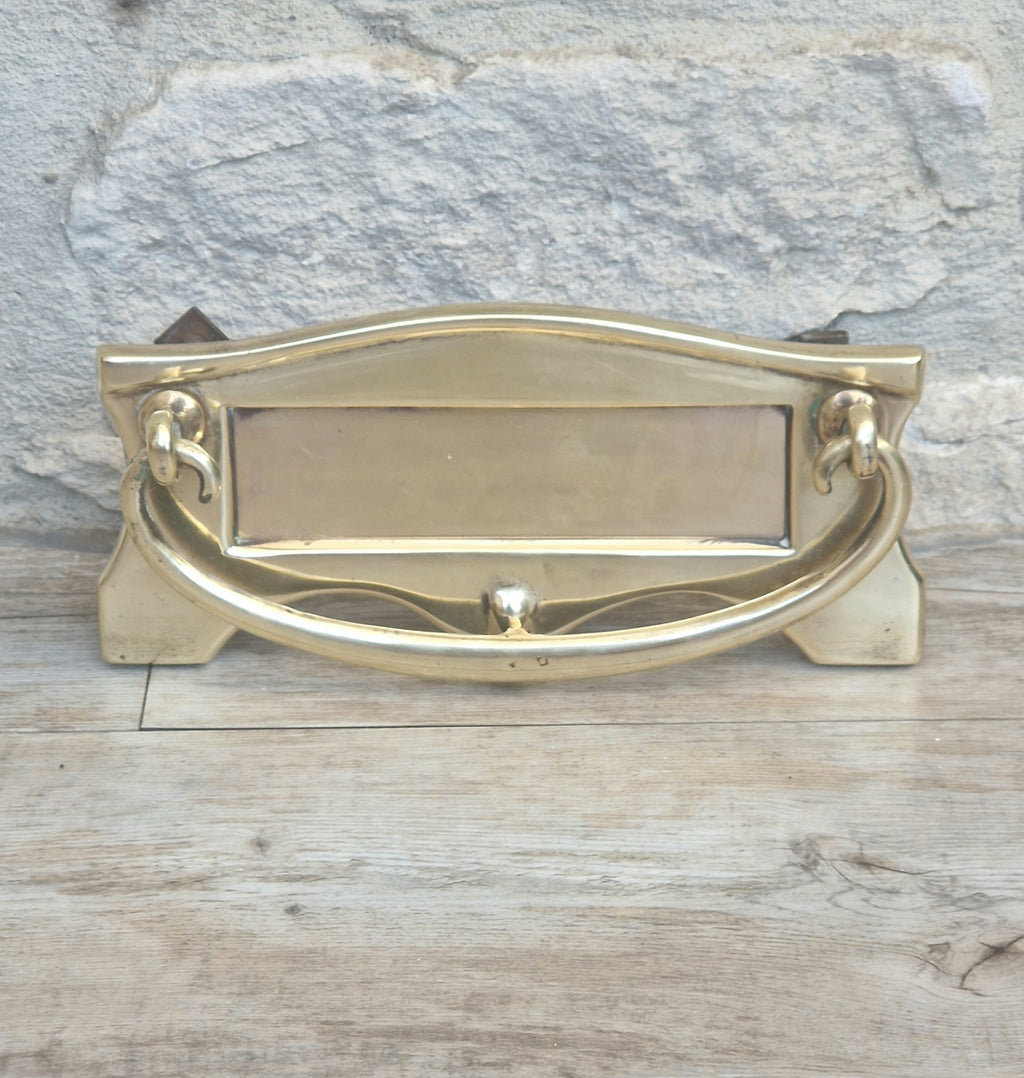 Art Deco Antique Brass Letterbox Plate Door Knocker Original Bolts 18cm