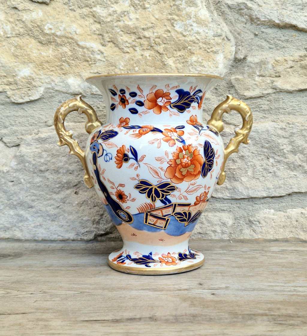 Early Mason's Ironstone China Vase Japan Fence Pattern, Gilt Handles 1820