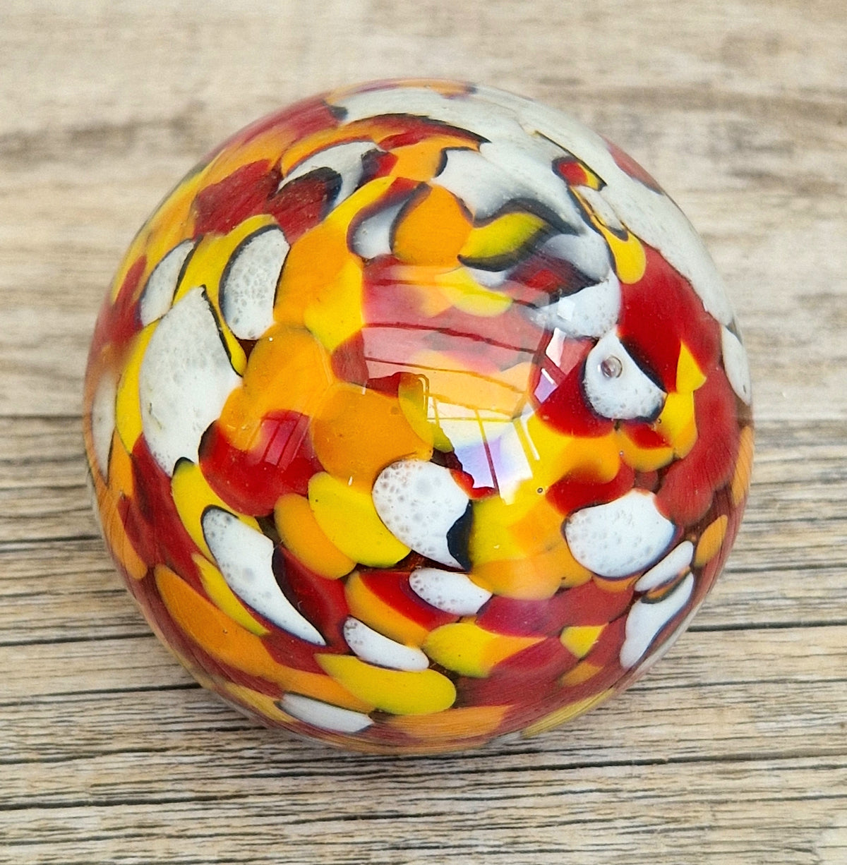 Vintage Orange, Red & White Speckled Mdina Art Glass Ball Paperweight Signed