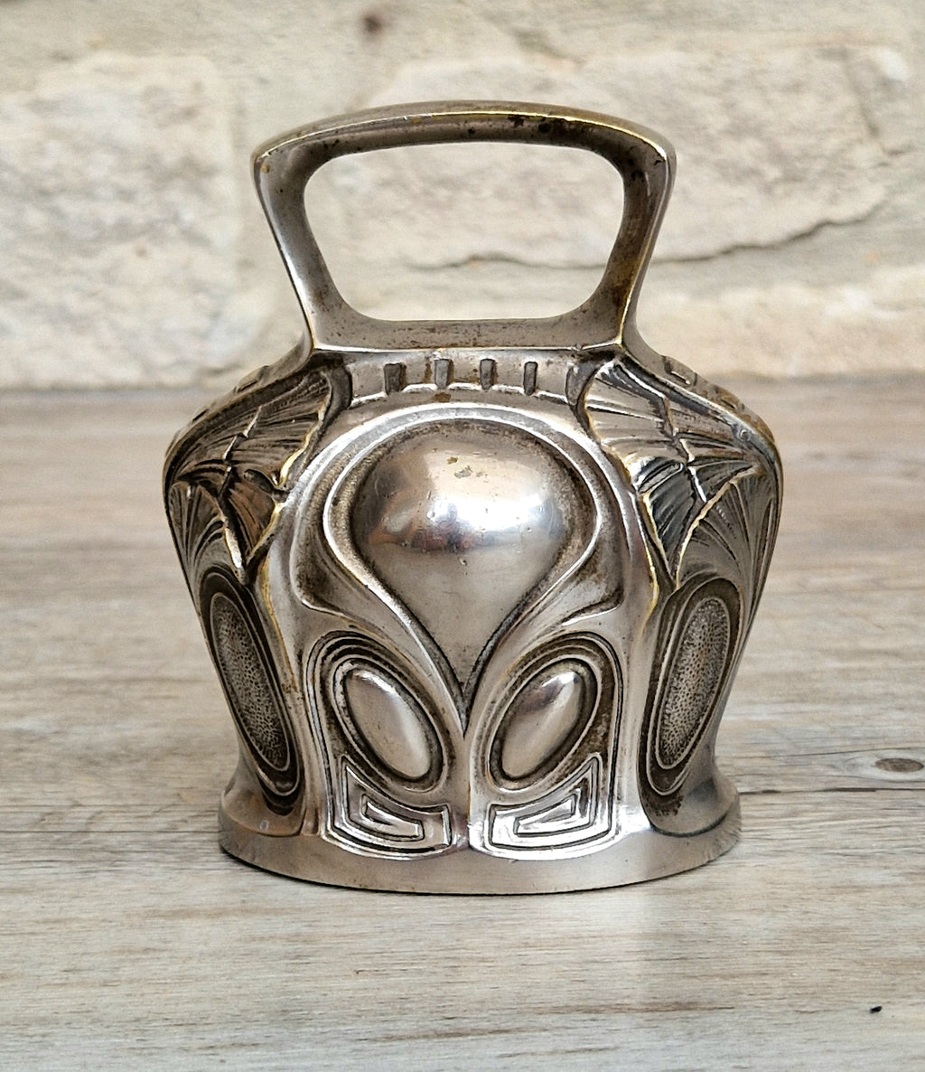 Antique Art Nouveau Silvered Bronze Large Ornate Decorated Table Bell