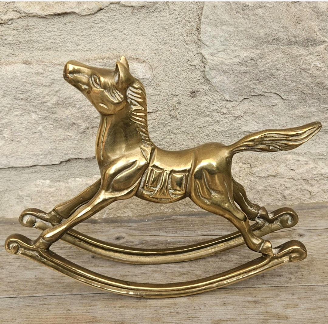 Vintage Brass Rocking Horse Ornament Medium Size 1980s Decorative Collectible Home Décor Figure