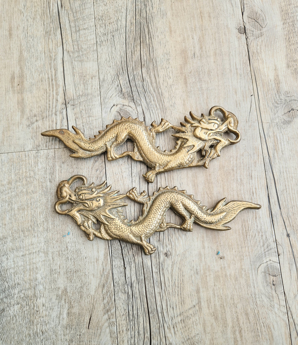 Pair Of Antique Heavy Cast Brass Chinese Dragons Wall Decoration or Door Pulls 22cm