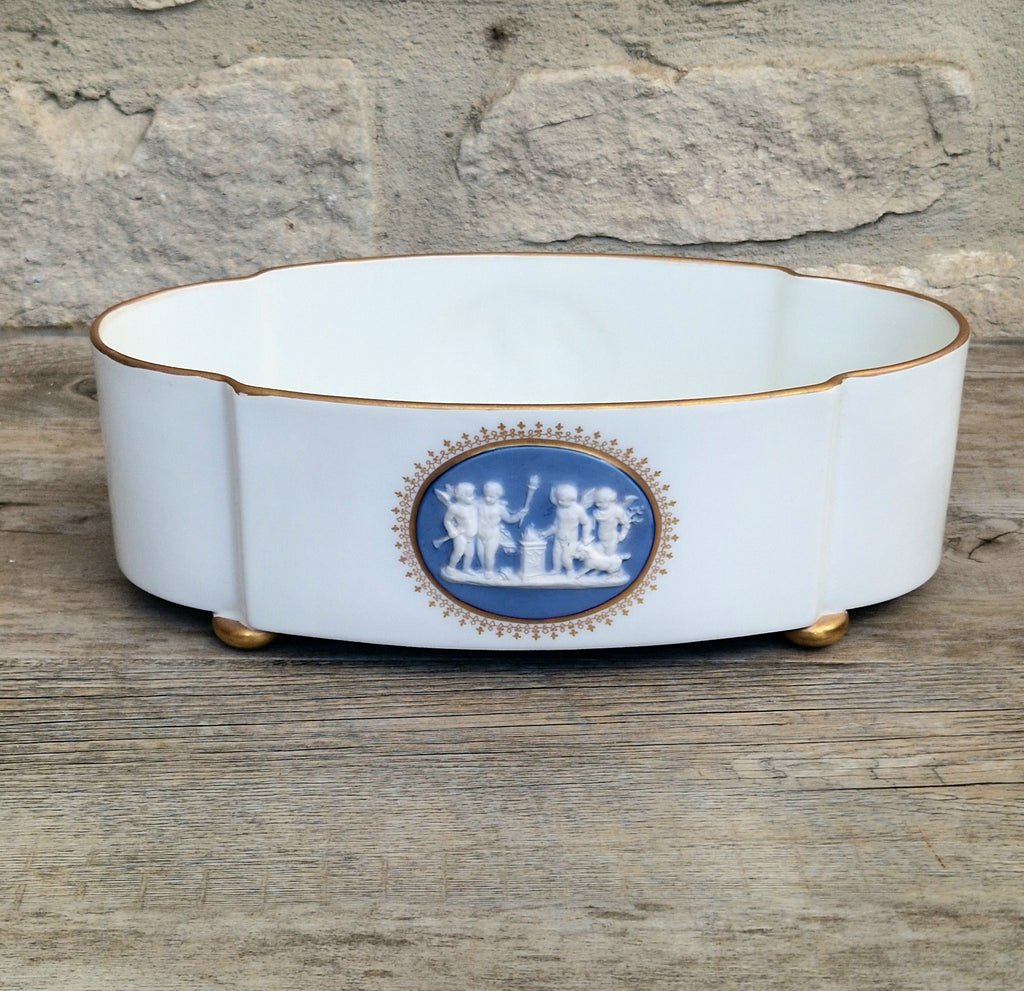 Vintage Vista Alegre Footed Centerpiece, White and Gold Porcelain Scalloped Planter Bowl Blue Jasperware Cherub Cameo