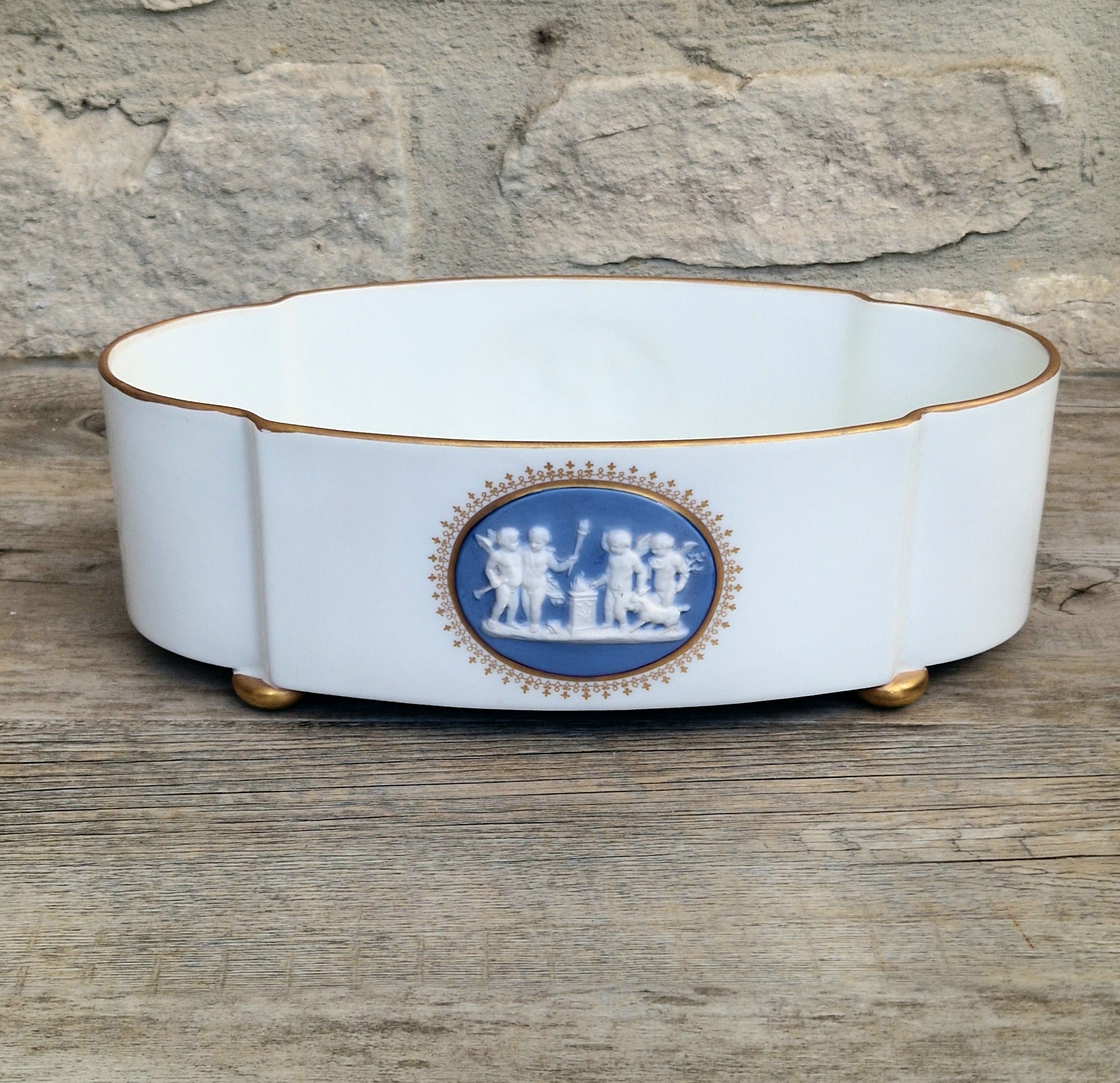 Vintage Vista Alegre Footed Centerpiece, White and Gold Porcelain Scalloped Planter Bowl Blue Jasperware Cherub Cameo