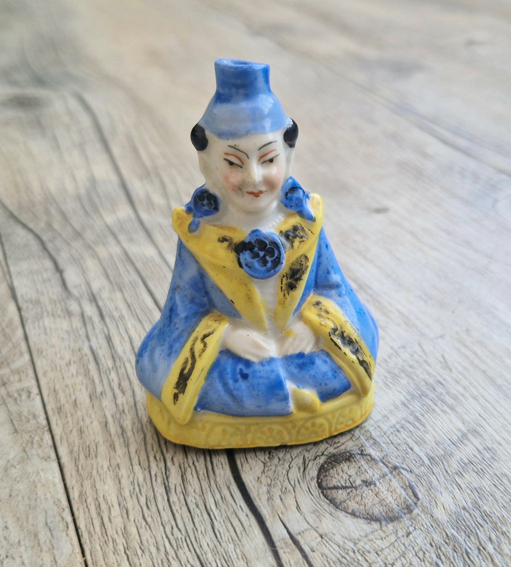 Antique Sitzendorf Ceramic Seated Figure Perfume Bottle - Missing Crown Top