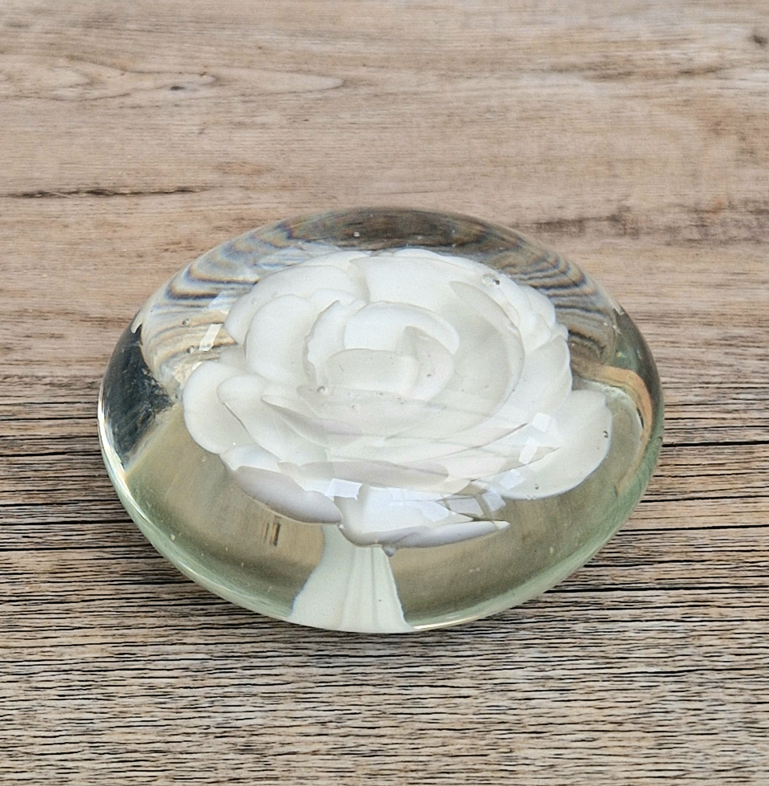 Vintage White Rose Lenticular Glass Paperweight
