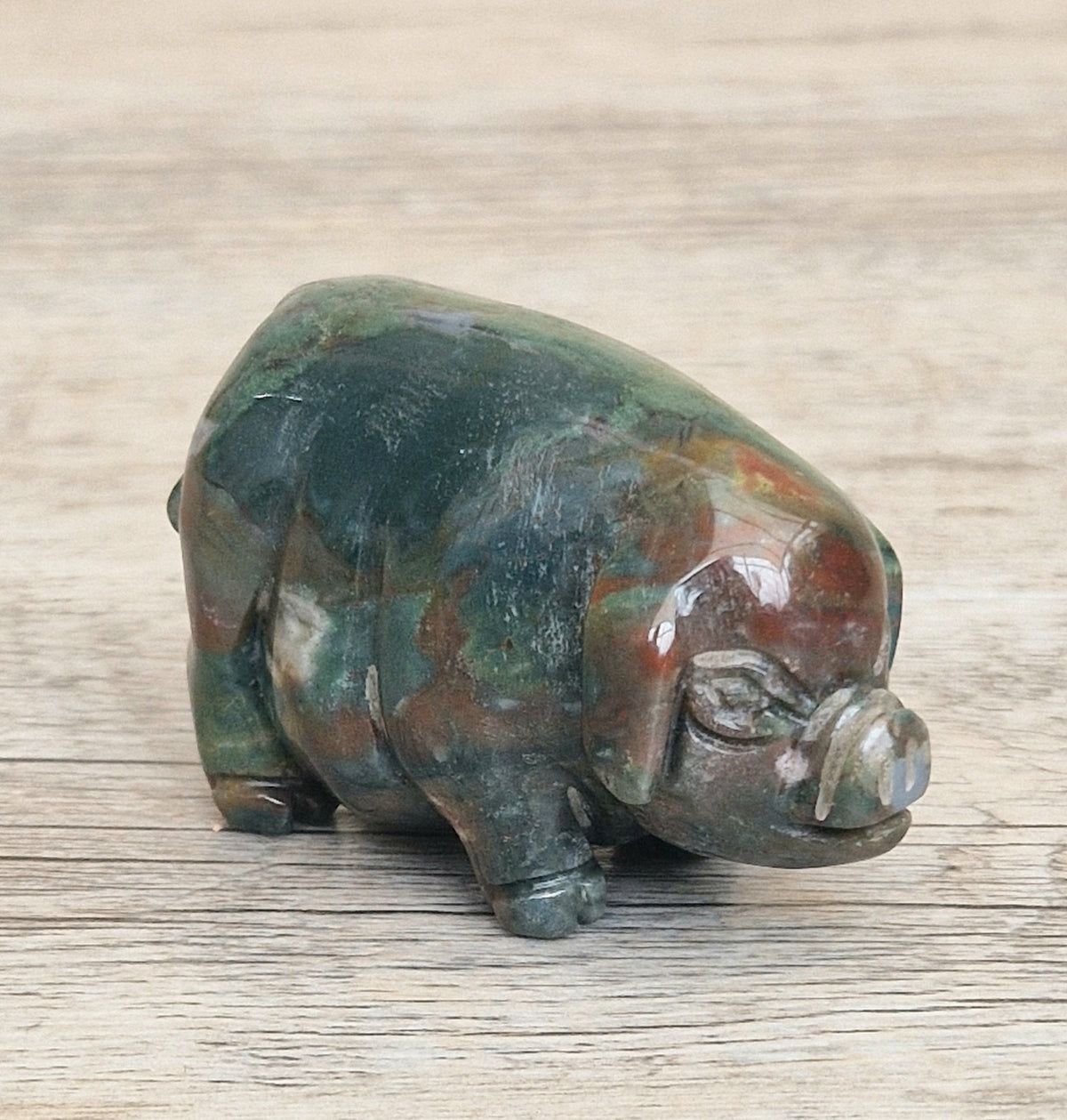 Vintage Fine Carved Moss Agate Standing Pig Figure Ornament 6.3cm