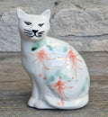 Vintage Moorland Pottery Seated Cat Figurine Hand Painted Fuchsia Floral Staffordshire Art Pottery