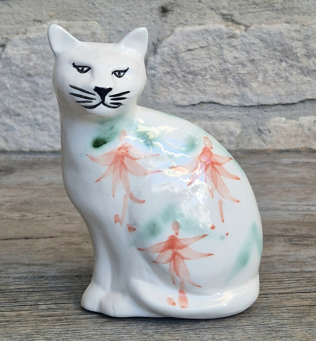 Vintage Moorland Pottery Seated Cat Figurine Hand Painted Fuchsia Floral Staffordshire Art Pottery