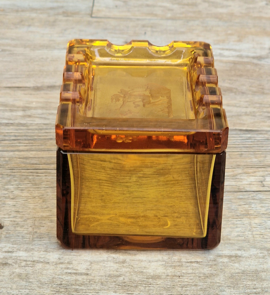 1930s Hienrich Hoffman Amber Intaglio Glass Cupid & Goddess Crenulated Lidded Trinket Box