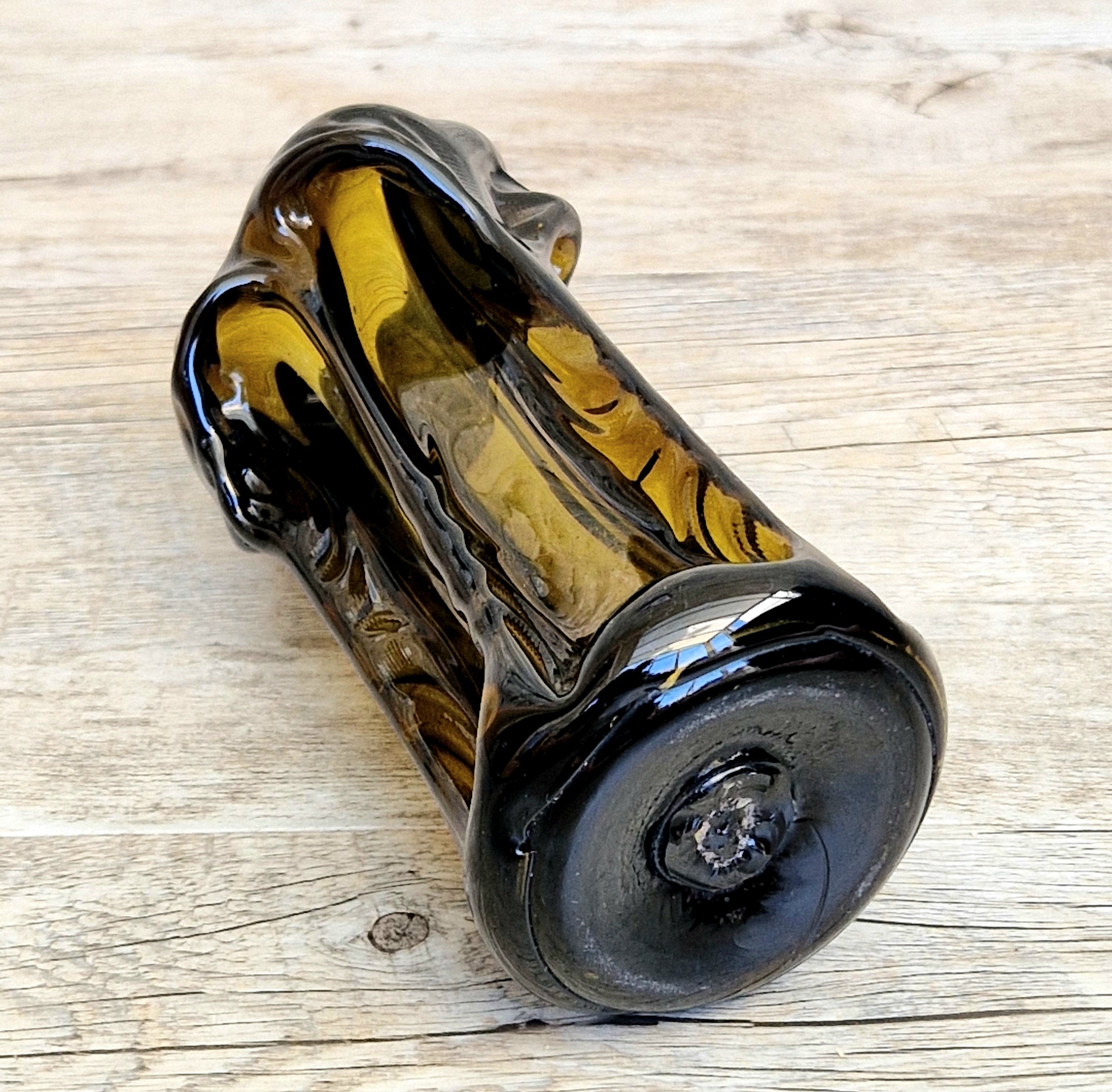 Vintage 1970s Polish Wołomin Hand Blown Smoked Amber Art Glass Pulled Freeform Ribbed Vase Rare Piece