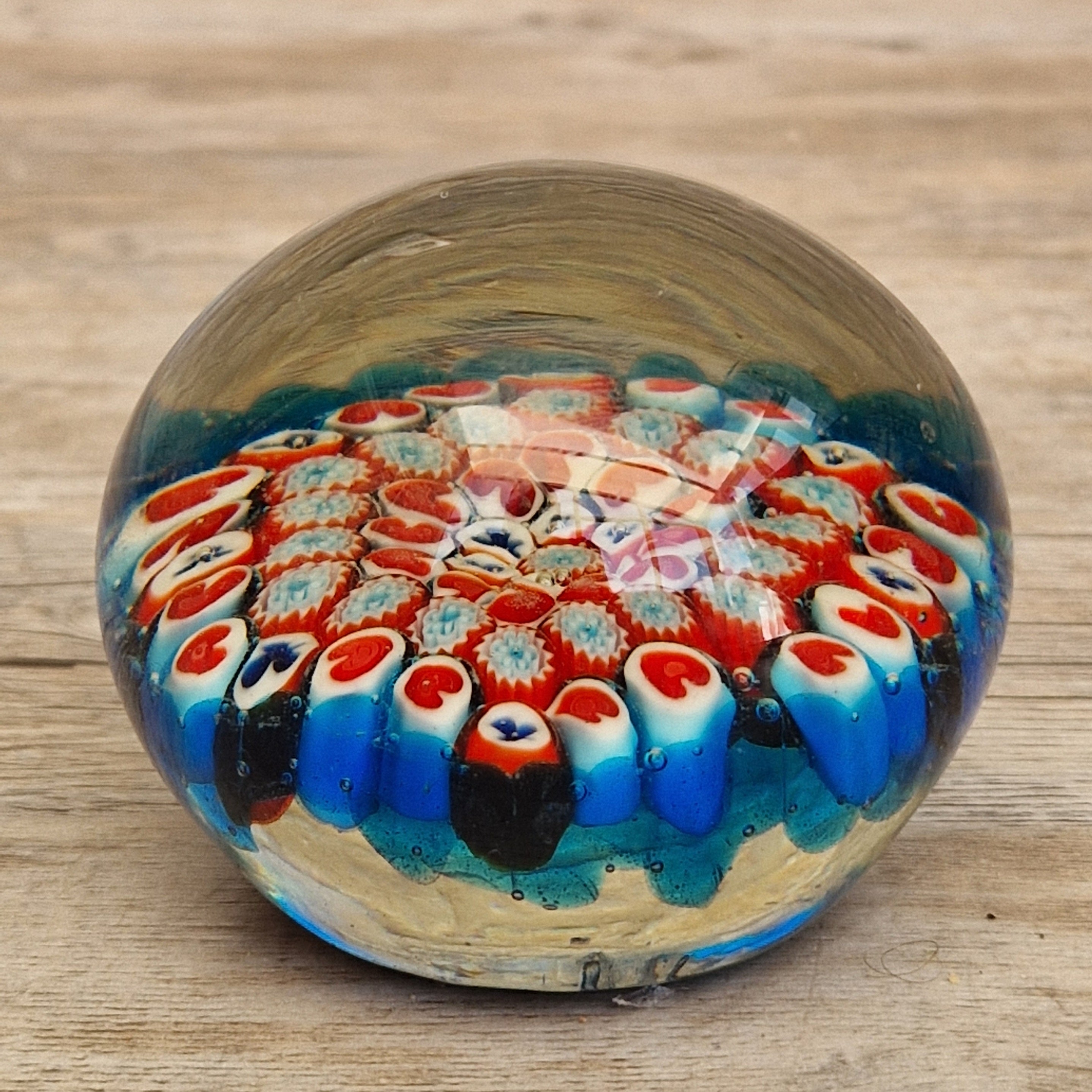 Vintage Murano Red and Blue Glass Hearts & Clubs Millifiore Round Paperweight
