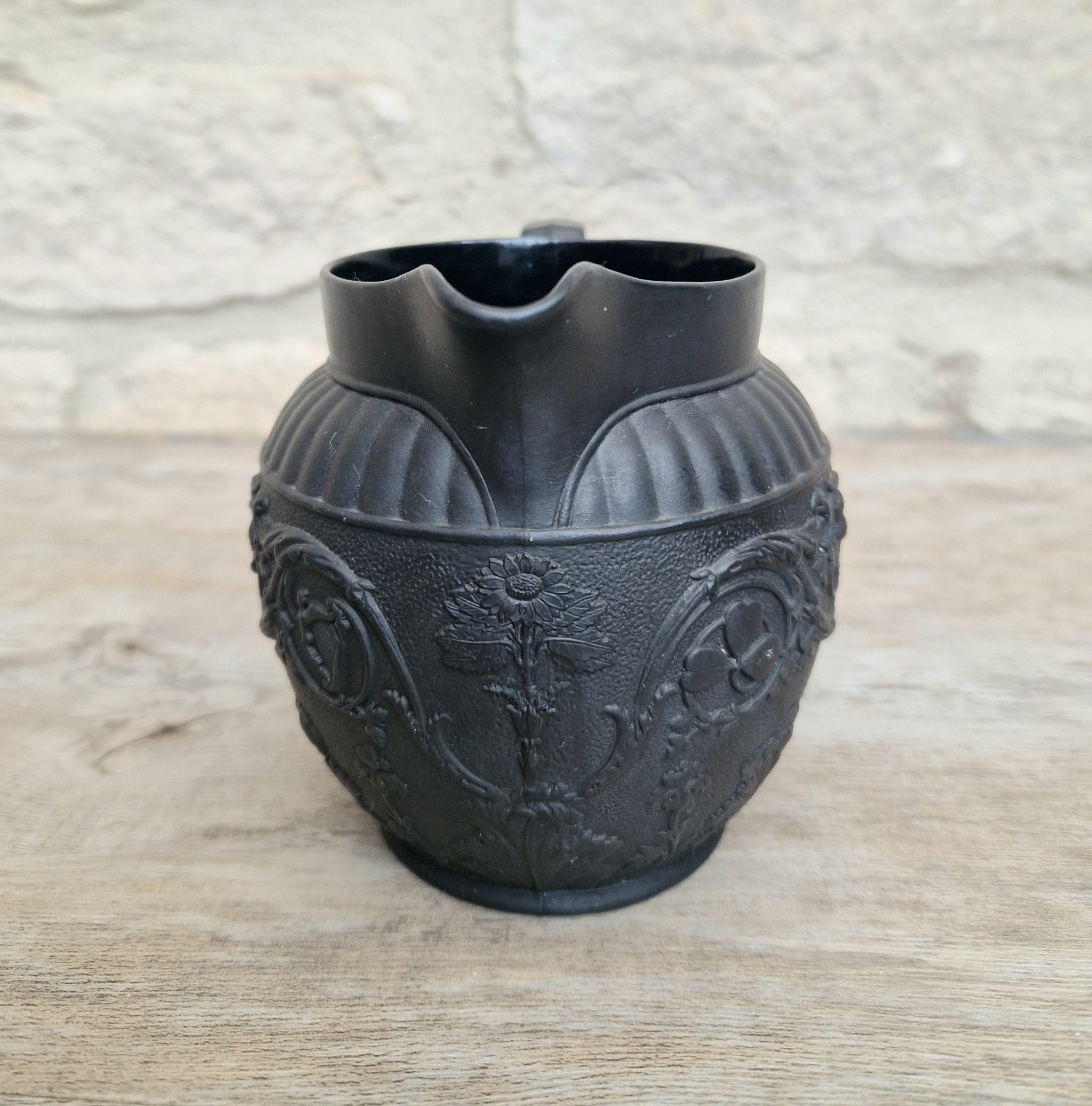 Antique Wedgwood Black Basalt Union Jug Creamer Pitcher Four Home Nations Relief Molded