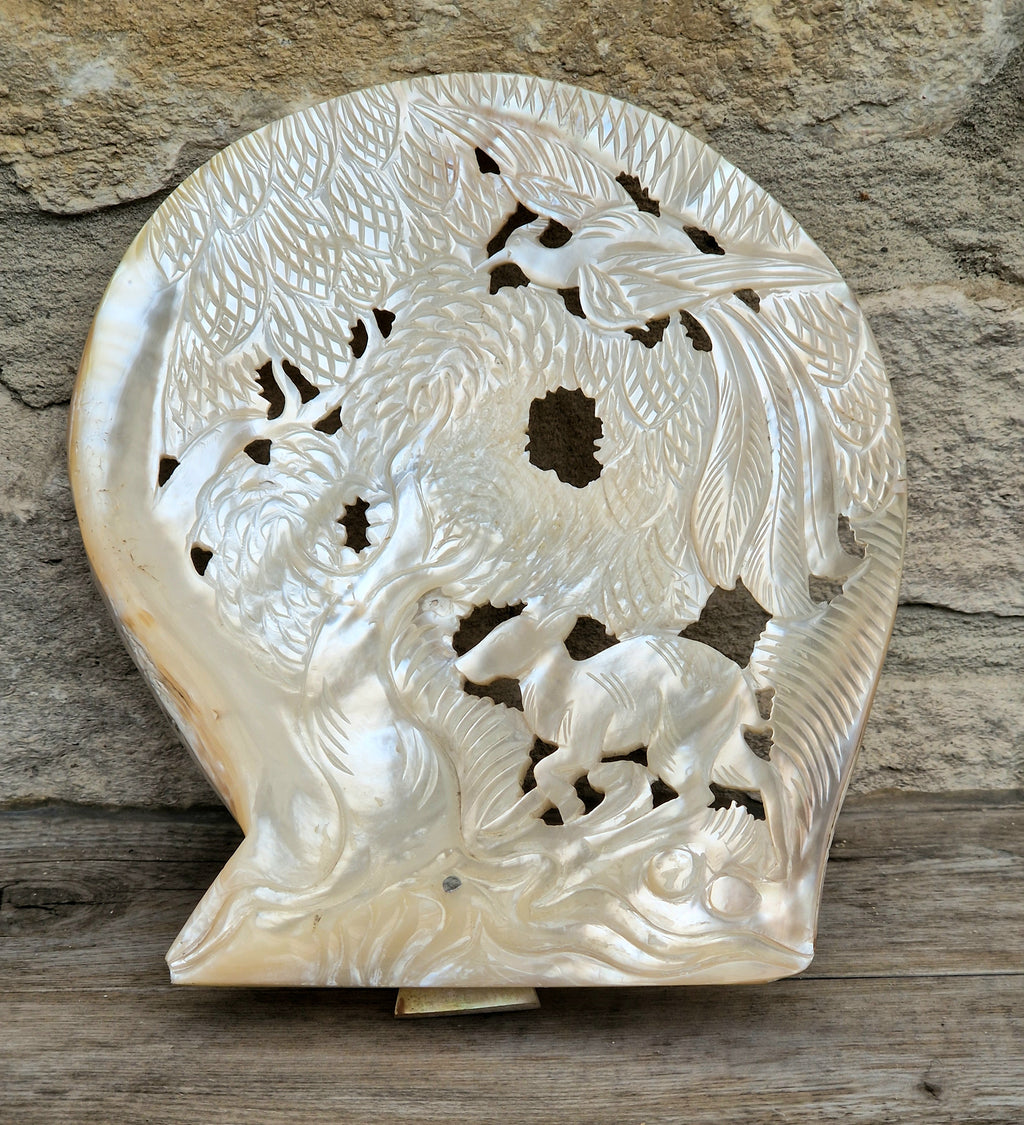 Vintage Chinese Carved Large Mother Of Pearl Shell Animal Birds Forest Scene