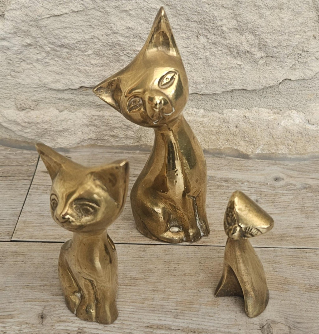Mcm Solid Brass Cats Figures Ornaments  X3 Brass Cat Family Heavy with Patina