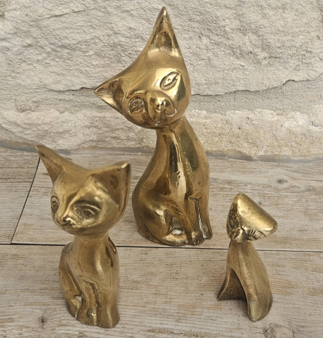 Mcm Solid Brass Cats Figures Ornaments  X3 Brass Cat Family Heavy with Patina