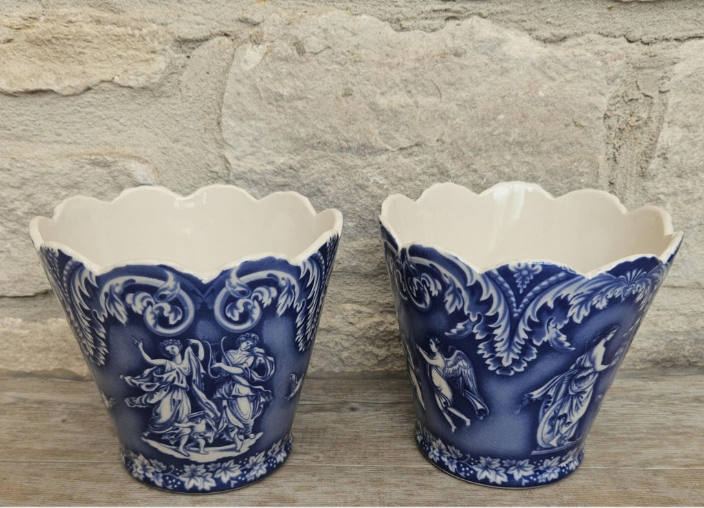 Vintage Pair Cache Pots Planters Blue & White Neoclassical Scalloped Edge Staffordshire Pottery England
