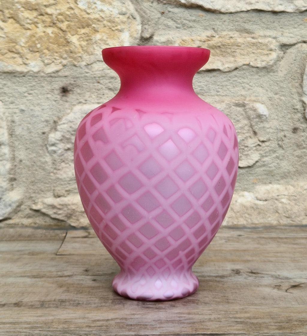 Antique Pink Satin Glass Vase - Victorian Diamond Quilted Mother of Pearl Art Glass - 19th Century Shaded Cranberry Cabinet Vase, Webb Style