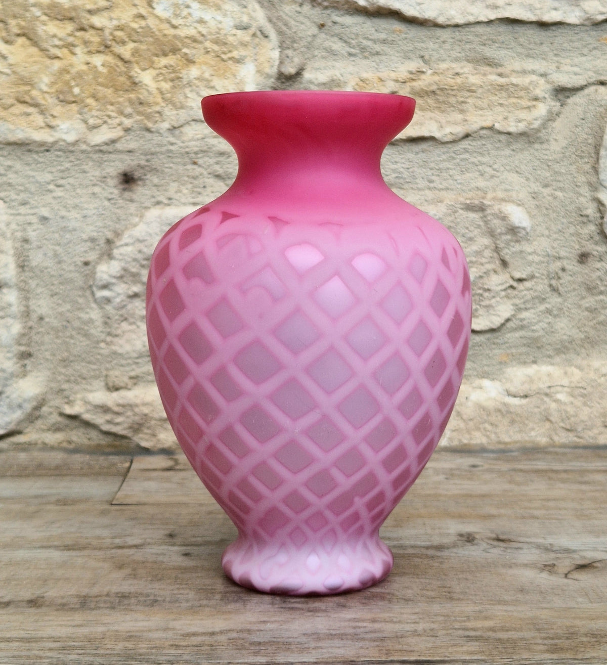 Antique Pink Satin Glass Vase - Victorian Diamond Quilted Mother of Pearl Art Glass - 19th Century Shaded Cranberry Cabinet Vase, Webb Style