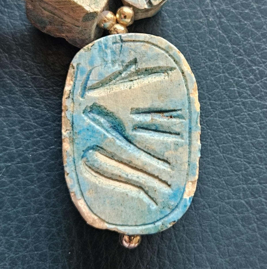 Vintage Turquoise Scarab Necklace Egyptian Revival Beaded with Pendant